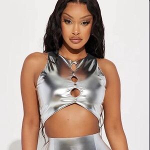 Fashion Nova Shimmering Silver Cut-Out Crop Top